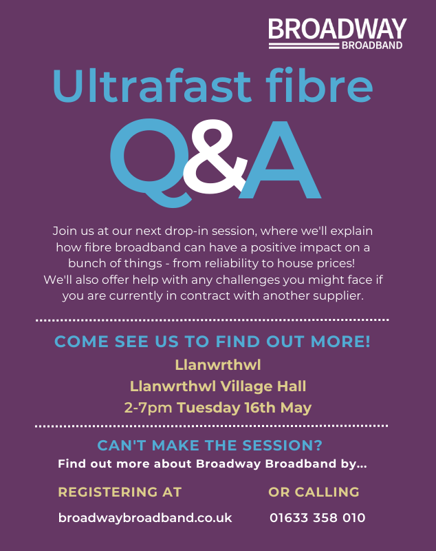 Llanwrthwl, fancy a catch up?

Our Wales team will be at Llanwrthwl Village Hall on Tuesday from 2-7pm, ready to answer any questions you might have, and discuss the local project in a bit more detail.

If you're in the area, be sure to pop in and say hello! 😊