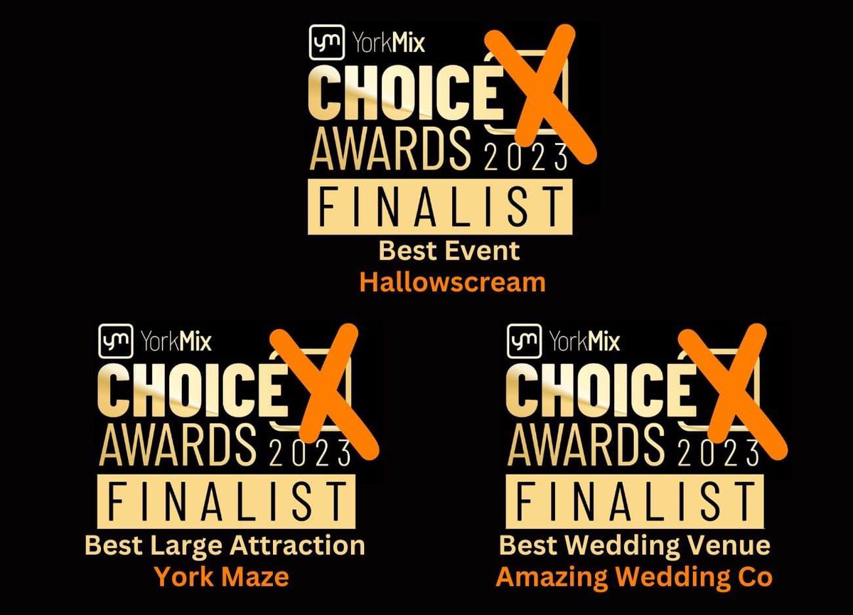 We are finalist in the <a href="/theyorkmix/">YorkMix</a> awards for Best Large Attraction, Best Event for <a href="/YMHallowscream/">YorkMazeHallowscream</a> &amp; <a href="/HALLOWTWEEN2/">HALLOWTWEEN</a> and Best Wedding Venue <a href="/theamazingwedd/">The Amazing Wedding Company</a>  still time to vote yorkmix.com/the-yorkmix-ch…  Thank you 🙏 😊 #awards #vote