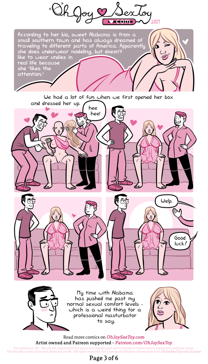 You never forget your first sex doll. Enjoy this comic from the archives  about Alabama, the luxury silicon roommate who moved in with  @Plustenstrength and @ErikaMoen for a month. 1/2
