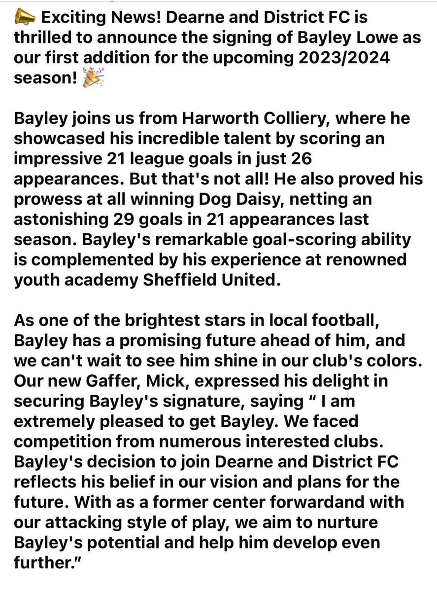DearneDistrict's tweet photo. π£ Exciting News! Dearne and District FC is thrilled to announce the signing of Bayley Lowe as our first addition for the upcoming 2023/2024 season! π
#WelcomeBayley #FutureStar #DearneAndDistrictFC #UTTD #watermansuk https://t.co/zTKhqKIgTU