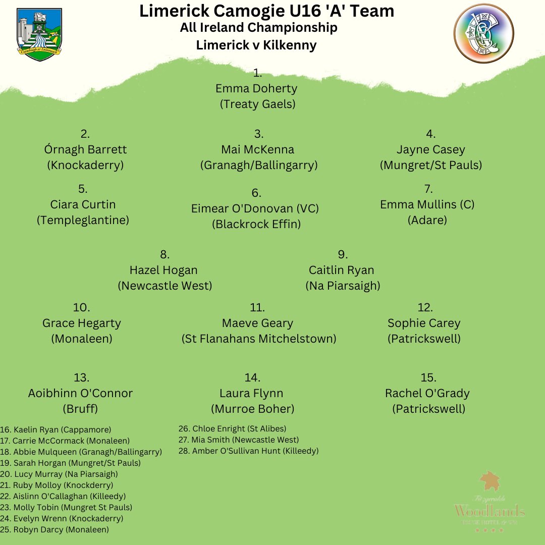 LimCamogie's tweet photo. 📣 Team Announcement 📣

The Limerick Camogie U16 ‘A’ team to play @KilkennyCamogie in Sunday’s All Ireland Championship was been announced.

Tickets 🎫 https://t.co/JeF9RqlNsn

@OfficialCamogie https://t.co/7TMt9JA0jh