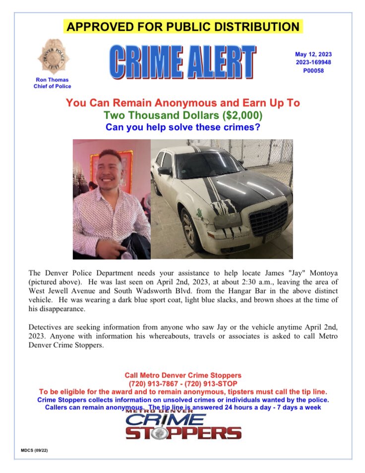 DenverPolice's tweet photo. #MissingPerson - Read &amp; RT: #Denver, can you help us find James “Jay” Montoya? If you see him or know his whereabouts, please call @CrimeStoppersCO at 720-913-7867 — you can remain anonymous and earn a cash reward! https://t.co/oGpacSIdgG