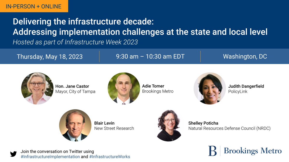 RT <a href="/BrookingsMetro/">Brookings Metro</a>: Join us on May 18 for an event with Tampa Mayor <a href="/JaneCastor/">Jane Castor</a>, Brookings’s <a href="/AdieTomer/">Adie Tomer</a>, Judith Dangerfield from <a href="/PolicyLink/">PolicyLink</a>, <a href="/BlairLevin/">Blair Levin</a>, and <a href="/ShelleyPoticha/">Shelley Poticha</a> discussing #InfrastructureImplementation.  Register: brook.gs/3HLviGx