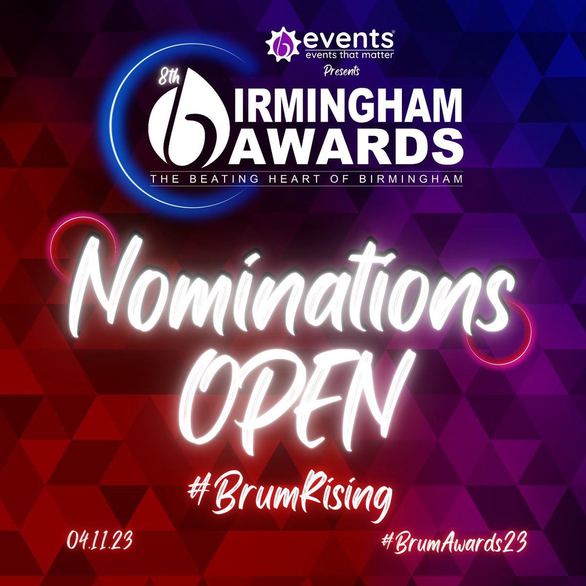 Nominations are now open for the 8th Birmingham Awards - This year's theme is #BrumRising to celebrate the rise & growth of #Birmimgham This # is used to bring attention to the amazing things happening in the city & to show pride in our community. Nominate Now! #BrumAwards23