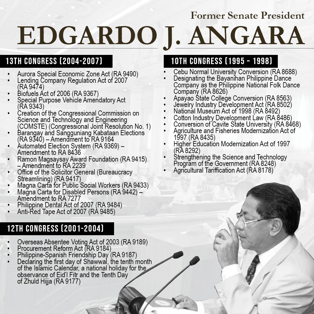 SonnyAngaraNews's tweet photo. On the occasion of his 5th death anniversary, we remember the laws crafted by the late former Senate President Edgardo J. Angara which to this day benefit millions of Filipinos. 
#SeniorCitizensLaw #FreeHighSchool #PhilHealth
#SalamatSenAngara #AlagangAngara #EdAngara #seja https://t.co/we2gFJnQjc