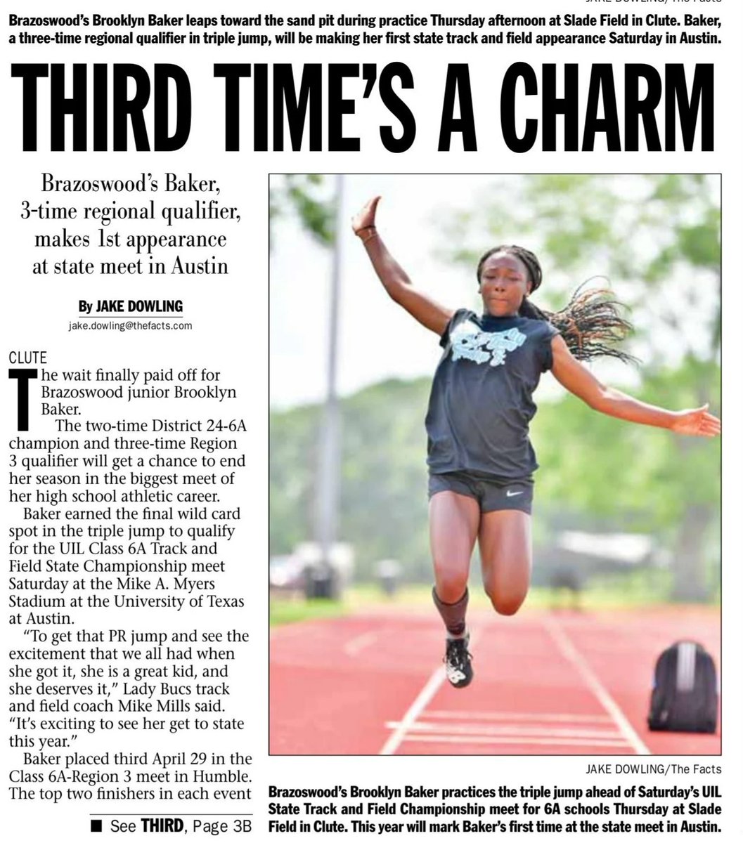 Brazoswood's Brooklyn Baker is headed to State this weekend in the Women's Triple Jump. We wish you the best, Brooklyn!
#BISDpride
#BucPride
#WhereYaFrom