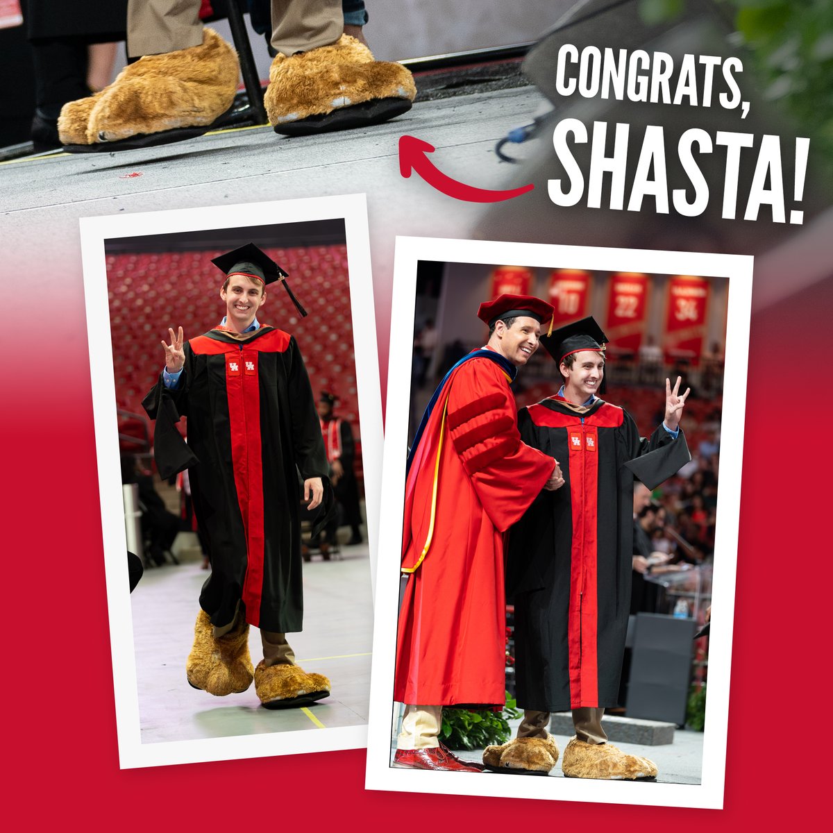 UHouston's tweet photo. Congratulations to Cole Reid, who revealed himself to be Shasta today when he crossed the stage at his graduation ceremony wearing the mascot feet! 🎓🙀 https://t.co/1pcjHdv7jb