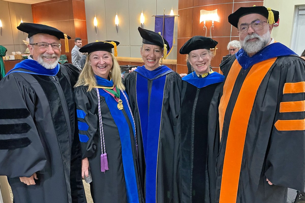 SEHD Dean Laura Kohn-Wood, with Rosenstiel Dean Roni Avissar; Dean Cindy Menro, School of Nursing and Health Studies; Dean Karin Wilkins, School of Communication; and Dean Rodolphe el-Khoury, School of Architecture at the 2023 Commencement Ceremony.