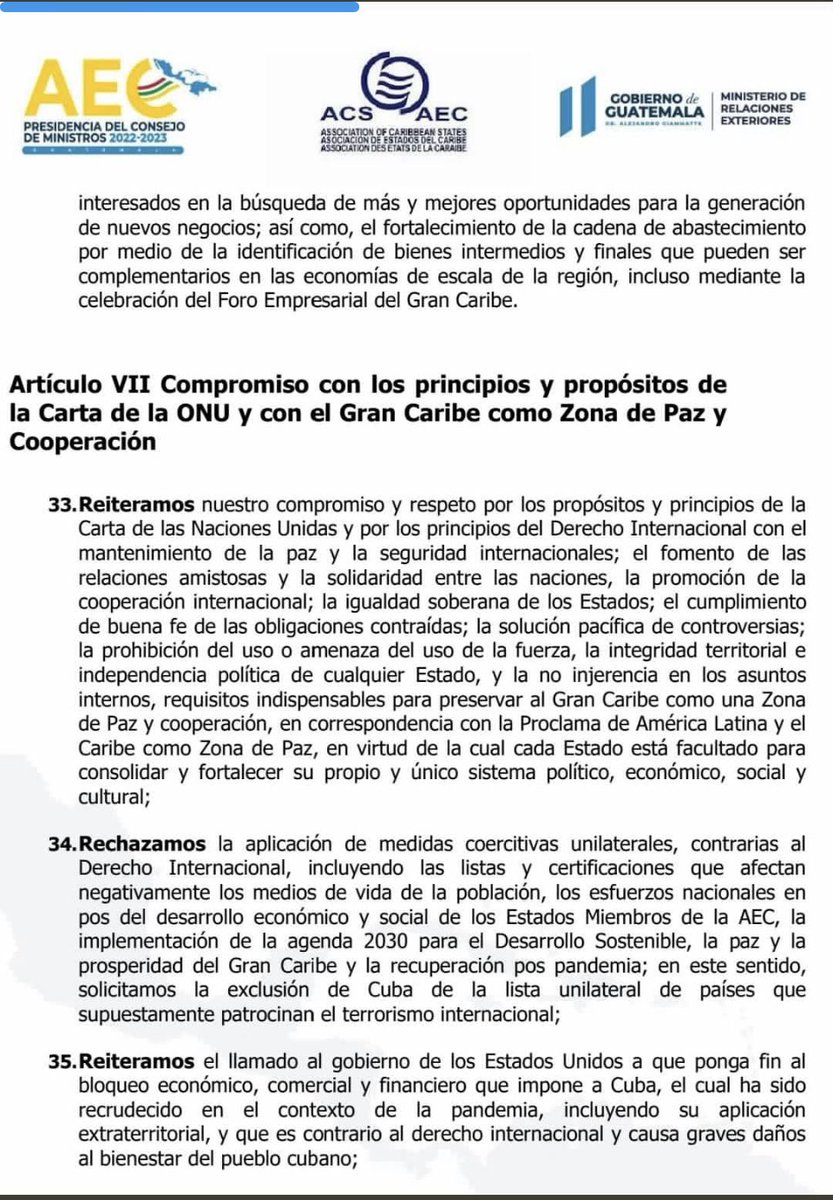Los Estados Miembros de la Asociación de Estados del Caribe solicitan a Estados Unidos excluir a #Cuba de la espuria lista de Estados que supuestamente patrocinan el terrorismo y reiteran que se levante el bloqueo a Cuba.