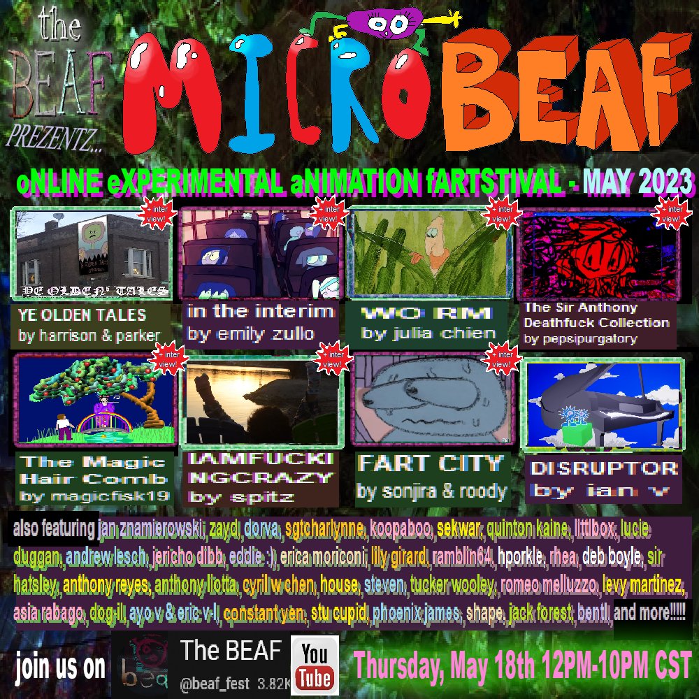 MICROBEAF ONLINE EXPERIMENTAL ANIMATION FESTIVAL IS ON! join us on thursday why doncha ;p youtube.com/watch?v=GP9Euy…