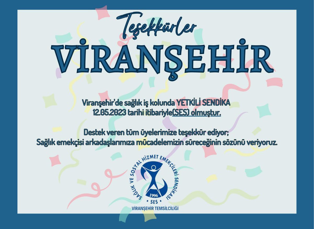 Viranşehirde Sağlık İş Kolunda Yetkili Sendika SES olmuştur. 

Destek veren tüm üyelerimize teşekkür ediyor; 
Bu kazanımı Onurlu Mücadelemize armağan ediyoruz.