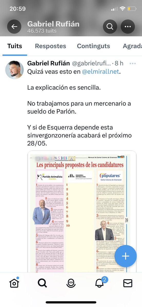 gelmeya's tweet photo. .@gabrielrufian,  respectar els mitjans locals es bo,  però encara és millor no amenaçar-los. Tot el meu suport a @elmirallnet " https://t.co/mkqwIjRALq