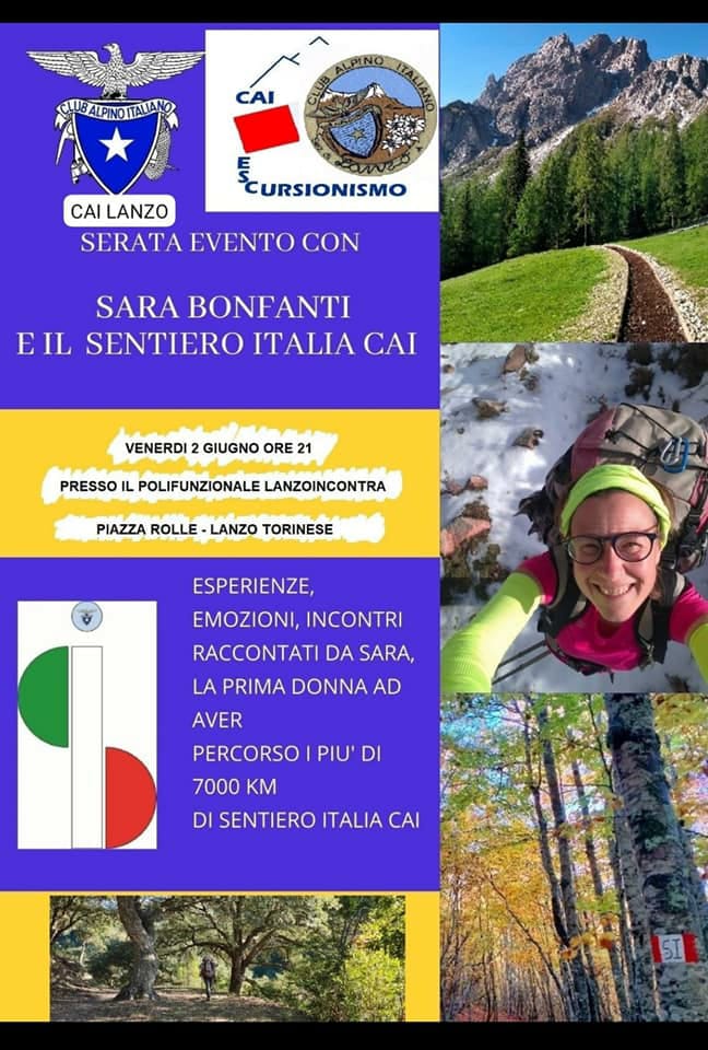 cailanzo's tweet photo. 📌Venerdì 2 giugno 2023 h 21 a Lanzo Torinese
serata con Sara Bonfanti che per festeggiare il suo  40mo compleanno ha percorso il @sentieroitalia   tracciato #escursionistico di circa 8 mila km che unisce l’Italia.
@CAI150 #escursionismo #bellezza #cultura #tradizioni
Locandina⬇️ https://t.co/5s0HJ1HZuN