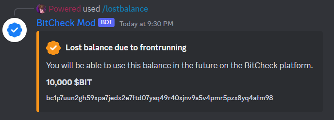 BitCheckMe's tweet photo. 📸 Snapshot is taken!

To check the amount of lost $BIT you have available for spending on our platform, use the /lostbalance command in our server.

👉 Join our server at https://t.co/7h7nioWFqp. https://t.co/YUGMGp2Q2r