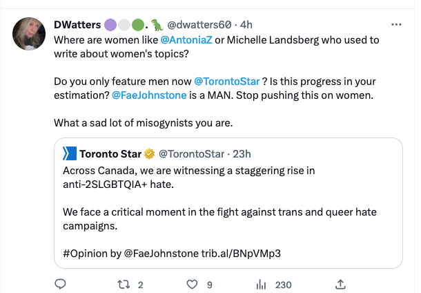 AntoniaZ's tweet photo. Wow. Thanks for the shout-out but I am no TWERF (trans women-exclusionary radical feminist.) I consider this tweet distasteful, if not hateful, and do not endorse it. Anti-trans hate is real. I'm with you @FaeJohnstone @TorontoStar
#cdnpoli #hate #LGBTIQ2S #cdnfem #feminism https://t.co/e1Ca4KUzft