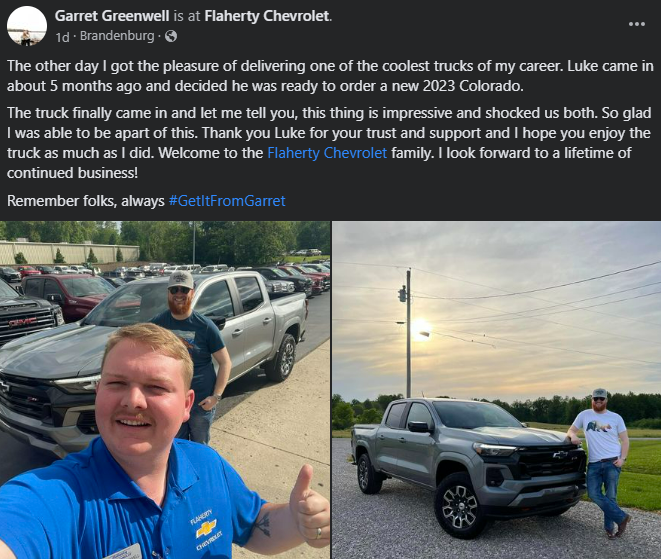 FlahertyChevy's tweet photo. What a sweet ride! Congratulations Luke on your new 23' Colorado! Happy Garret Greenwell was able to get everything you needed. Remember folks, we deliver!

Welcome to the Flaherty Chevrolet Family! https://t.co/85SYbqvI32