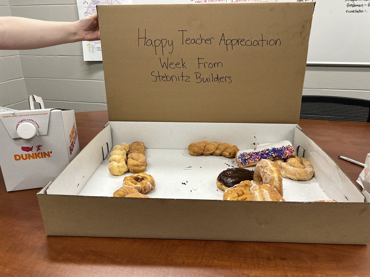 Thank you @StebnitzBuilder for the donuts and coffee this morning!! We appreciate you appreciating our staff! #1herd #supportingeducators 💜💛