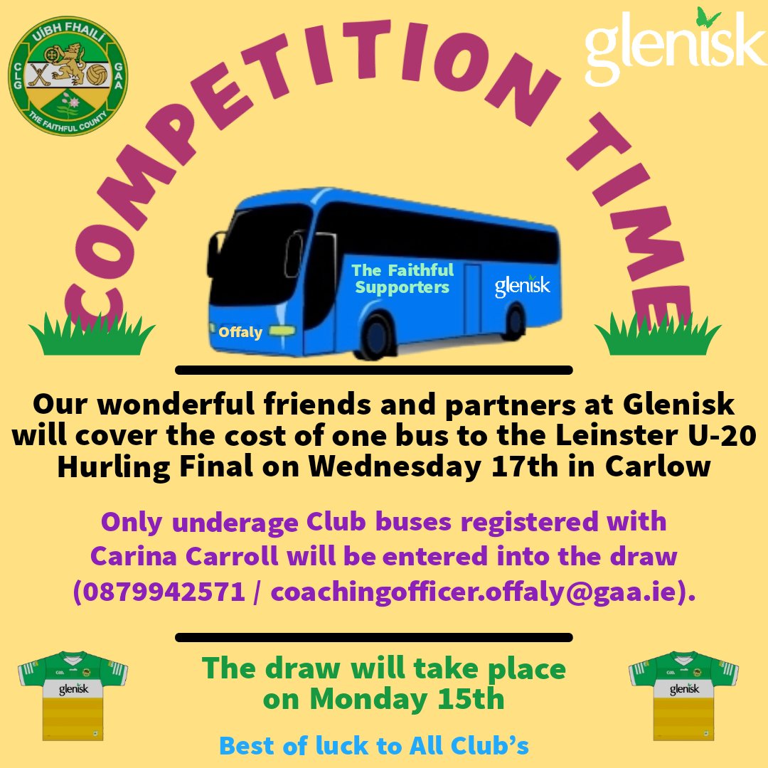 Competition time:

Our official partners <a href="/Glenisk/">Glenisk</a> will pay for a supporters bus that will travel to Carlow for the <a href="/gaaleinster/">Leinster GAA</a> oneills.com under 20 final next Wednesday in Carlow.

To enter just register by email with our coaching officer Carina
