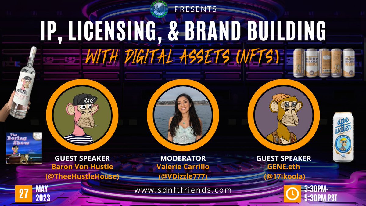 Join us Sat, May 27th at 3pm PST for our hybrid (in-person &amp; livestreamed) meetup.🔥

<a href="/VDizzle777/">Valerie | 📍🇯🇵 Japan Rise3X Expo</a> will discuss with <a href="/TheeHustleHouse/">BaronVonHustle 🍌</a> &amp; <a href="/17ikoola/">GENE 🍌💧🍺 🎮 🍫 🦍</a> how to utilize the IP of your NFTs to leverage them for licensing and brand building 

To RSVP, register here ➡️meetup.com/meetup-group-f…