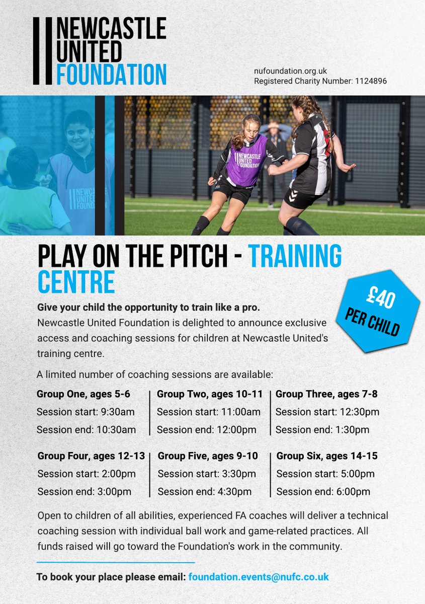 𝗧𝗿𝗮𝗶𝗻 𝗹𝗶𝗸𝗲 𝗮 𝗽𝗿𝗼 ⚽ 

We're delighted to provide exclusive access and coaching sessions for children at <a href="/NUFC/">Newcastle United</a>'s training centre ⚫⚪ 

Give your child the opportunity to train like a pro and book their place now 👉 bit.ly/3I2lZCg