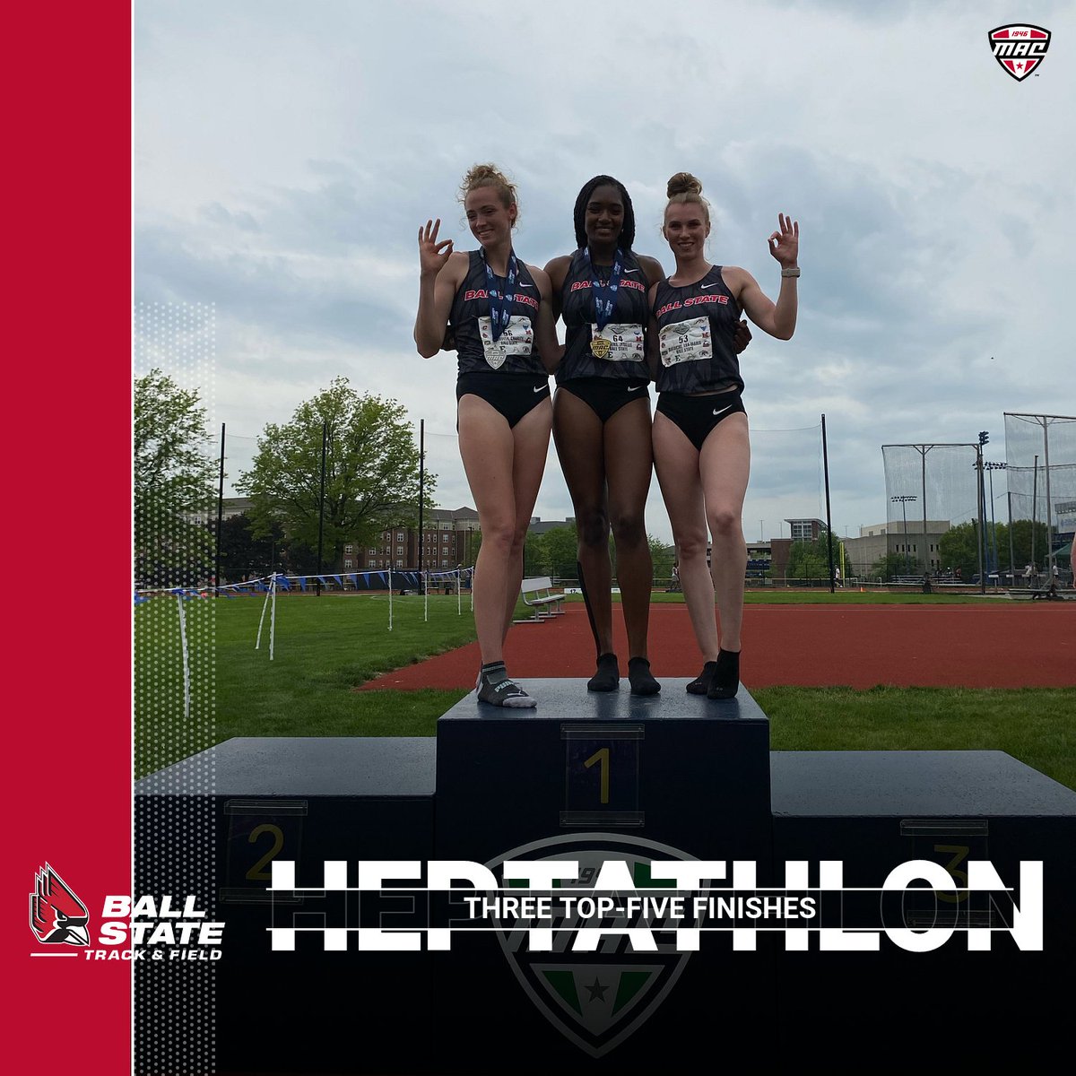 BallStateTFXC's tweet image. Our heptathletes came to COMPETE🔥

Jenelle Rogers is your Heptathlon MAC Champion AND new program record holder👏

With three top-eight finishes, Jenelle Rogers (1st), Charity Griffith (2nd) and Lea-Marie Diedicke (5th) earned huge points for the Cardinals in the Heptathlon ‼️