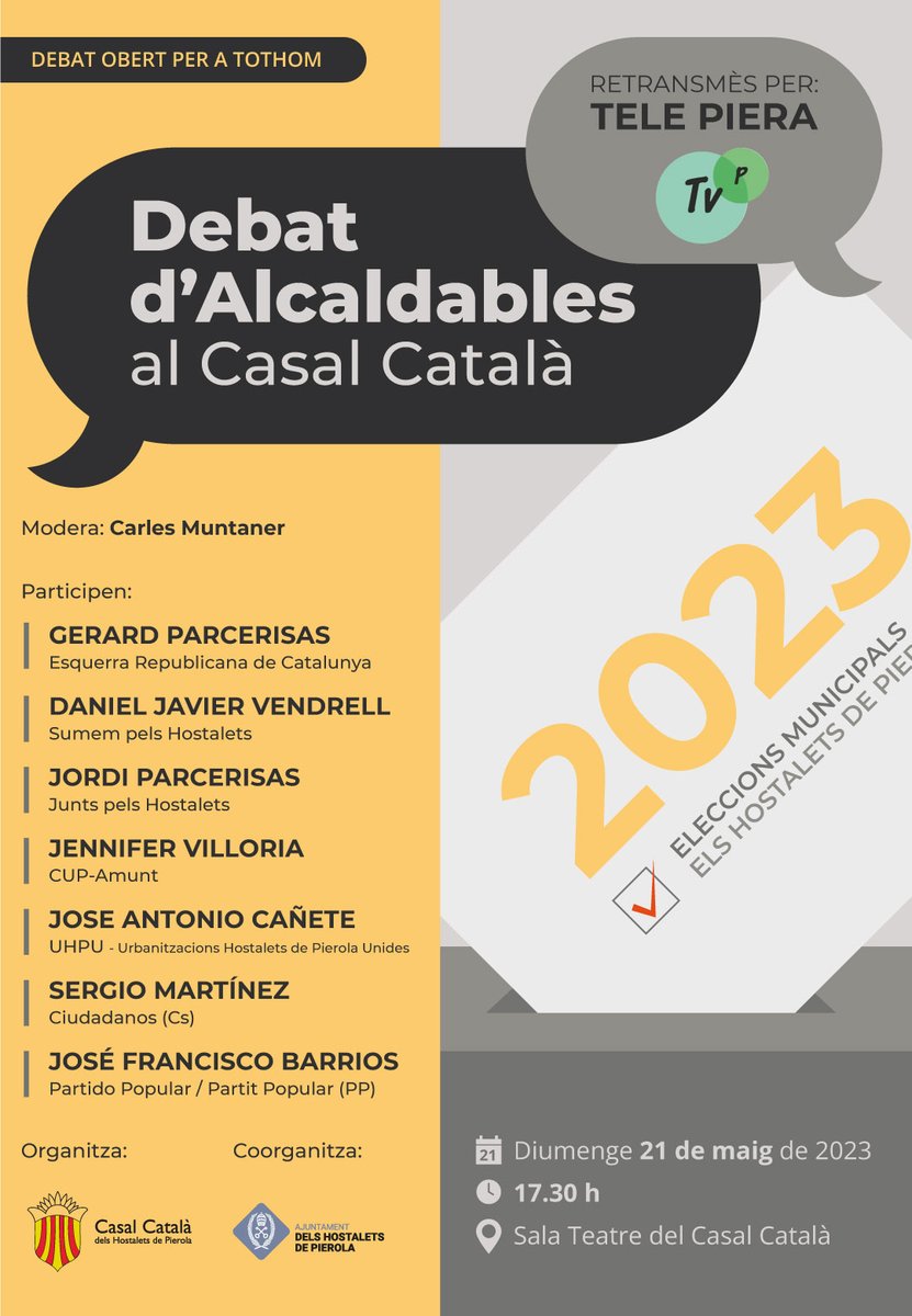 El @casalhopierola organitza un debat amb els alcaldables de @HoPierola 

Us esperem!!

#SomCasalCatalà #SomEssencials #SomCultura