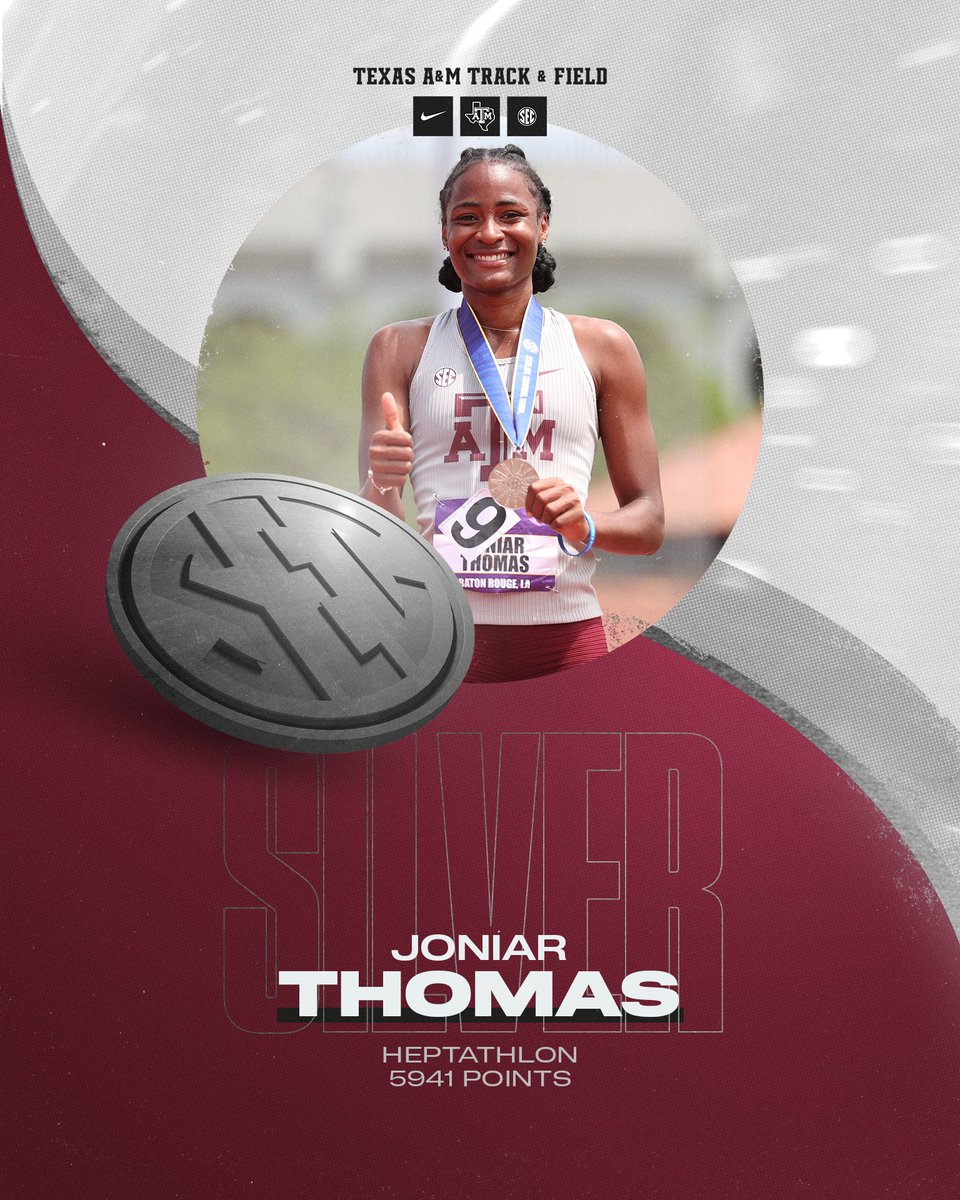 aggietfxc's tweet photo. 🥈 BOOOOOM!!!! 🥈

5️⃣9️⃣4️⃣1️⃣

Joniar Thomas earns the silver medal in the heptathlon with her total of 5941 points 👏

Her score makes her the fourth-best performer in Texas A&amp;M history 👍

(She's just a sophomore too 😏)

#GigEm | #SECTF | @JoniarThomas https://t.co/IYQAtrm85l