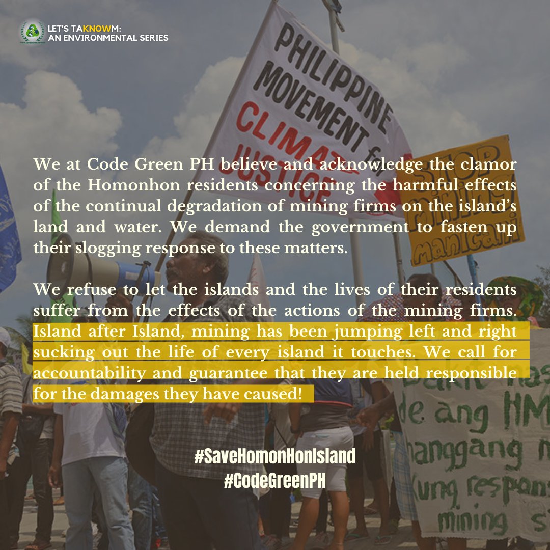 codegreenph's tweet photo. We call for accountability and guarantee that they are held responsible for the damages they have caused!
#SaveHomonhonIsland
#StopDestructiveMining
#ClimateJusticeNOW
#CodeGreenPH https://t.co/jpQEMbctM6