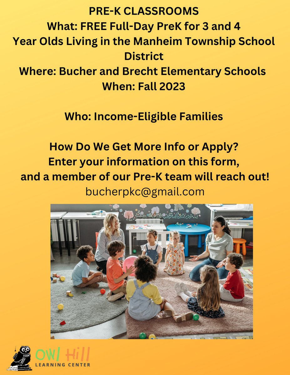 Interested in applying for or learning more about the Pre-K Counts opportunities in Manheim Township Schools next year?

Click the link below to fill out a short form, and a member of the Pre-K team will reach out to you!

📷 bit.ly/MTSDPreKCounts