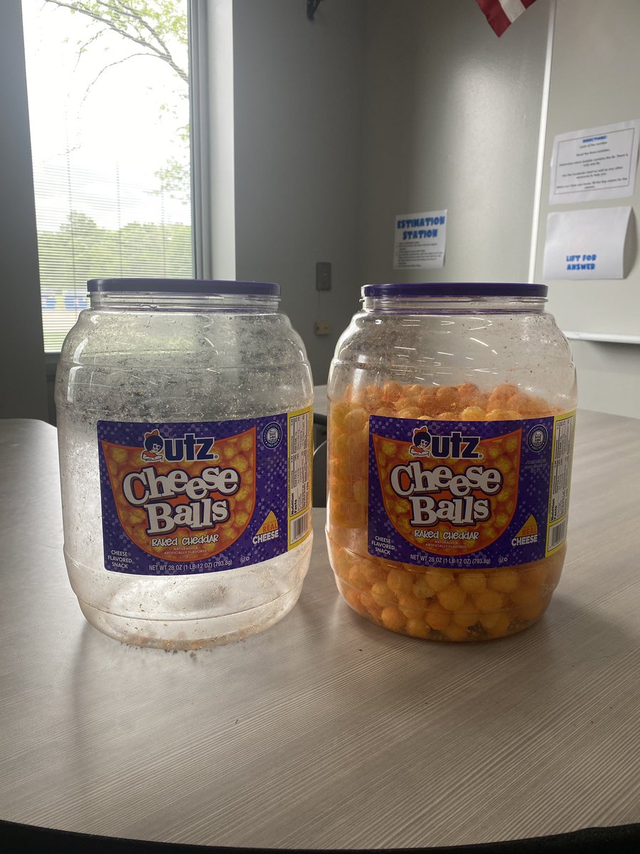 Each cheese ball missing from these containers represents one point of growth in the math NWEA this school year. By my calculations, my students earned a grand total of 1240 cheese balls so far. They blew me away! #newpalproud @SouthernHancock <a href="/MooreNPJH/">NPHS Asst. Principal & Girls Varsity 🏀 Coach</a>