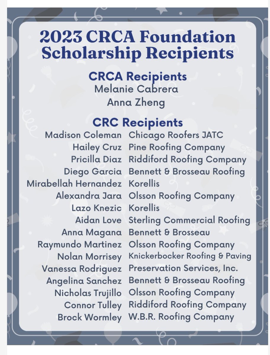 OlssonRoofing's tweet photo. Join us in celebrating the 2023 CRC Scholarship recipients @brookfield_zoo on June 13th! 🎉🎓🥳 Special congratulations to Alexandra, Raymundo, &amp; Nicholas from #olssonroofing Register @CRCACRCA https://t.co/YVzTxEbBL6