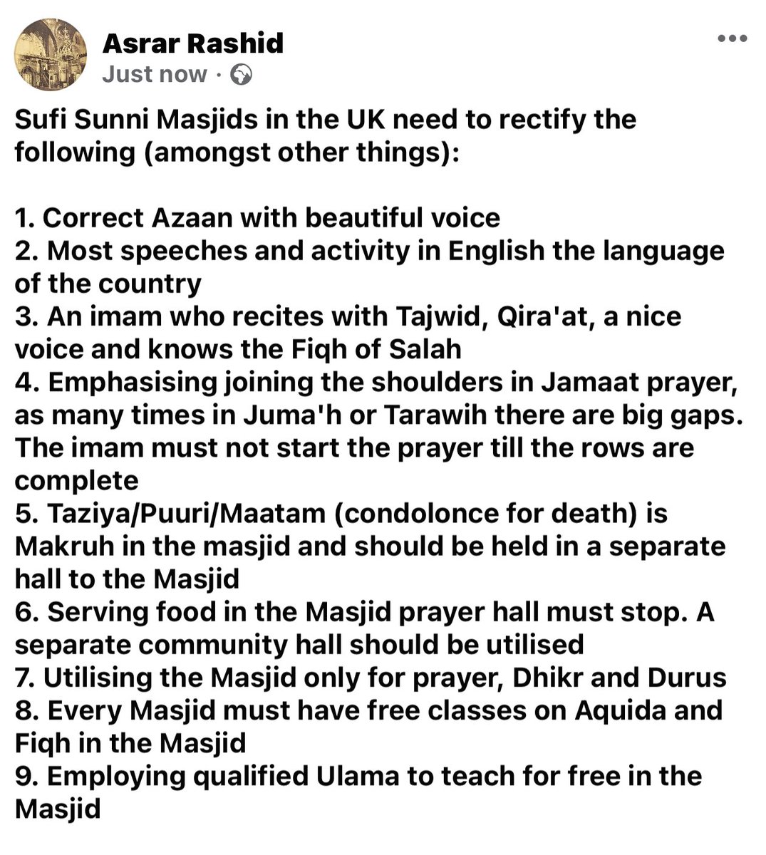 Sufi Sunni Masjids in the UK need to rectify the following (amongst other things):