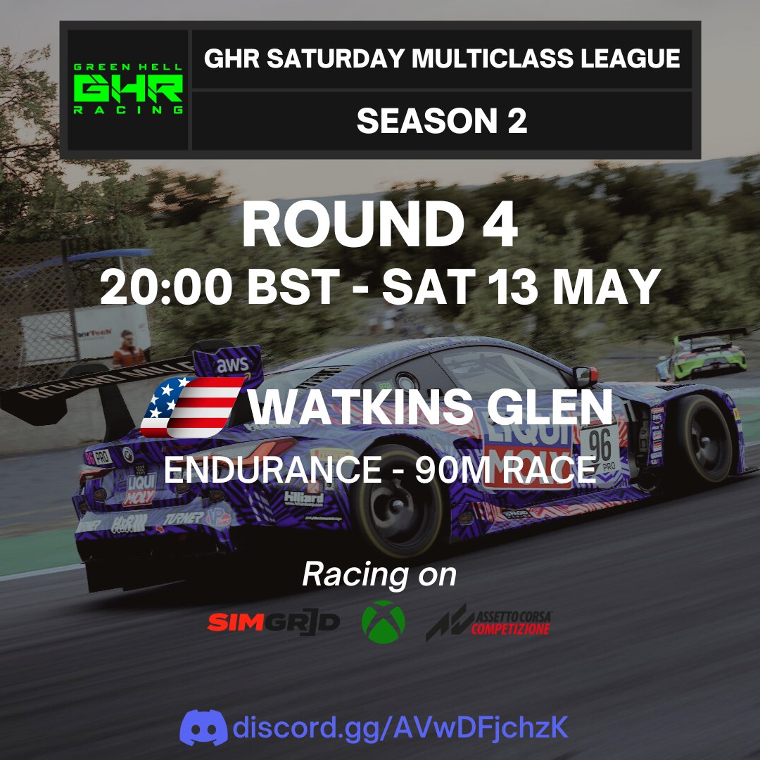 Join us for an epic race day with GHR's Season 2: Round 4 happening this Saturday at 20:00 BST! We're taking on the challenging Watkins Glen track for an endurance race lasting 90 minutes.

Are you up for the challenge? Join us on SimGrid through Linktree: linktr.ee/greenhellracing