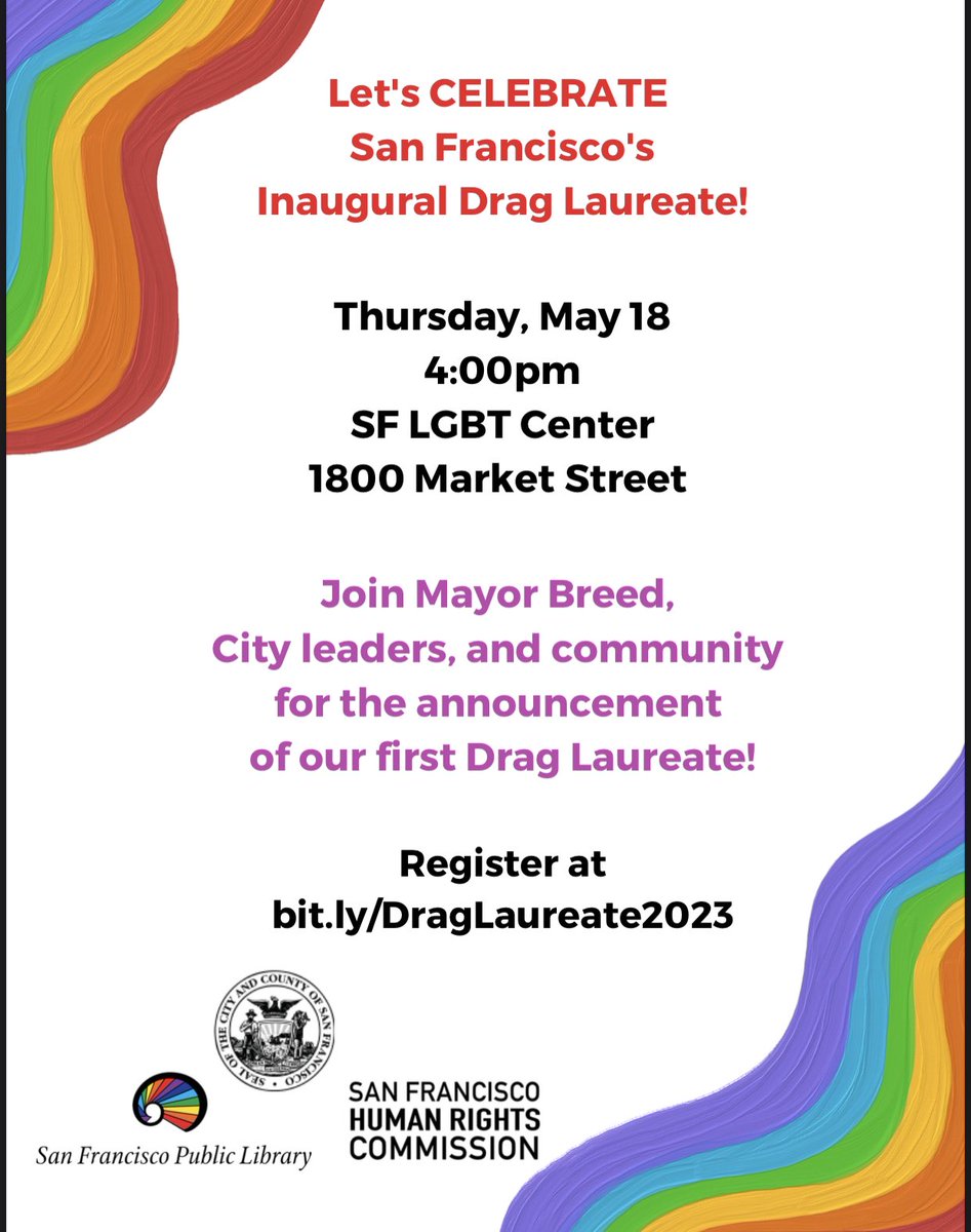 Join me and a gaggle of amazing folx at mayor <a href="/LondonBreed/">London Breed</a> announces San Francisco’s first Drag Laureate! Thursday, May 18 4pm at the <a href="/SFLGBTCenter/">SF LGBT Center</a>! It’s free. RSVP: bit.ly/DragLaureate20….