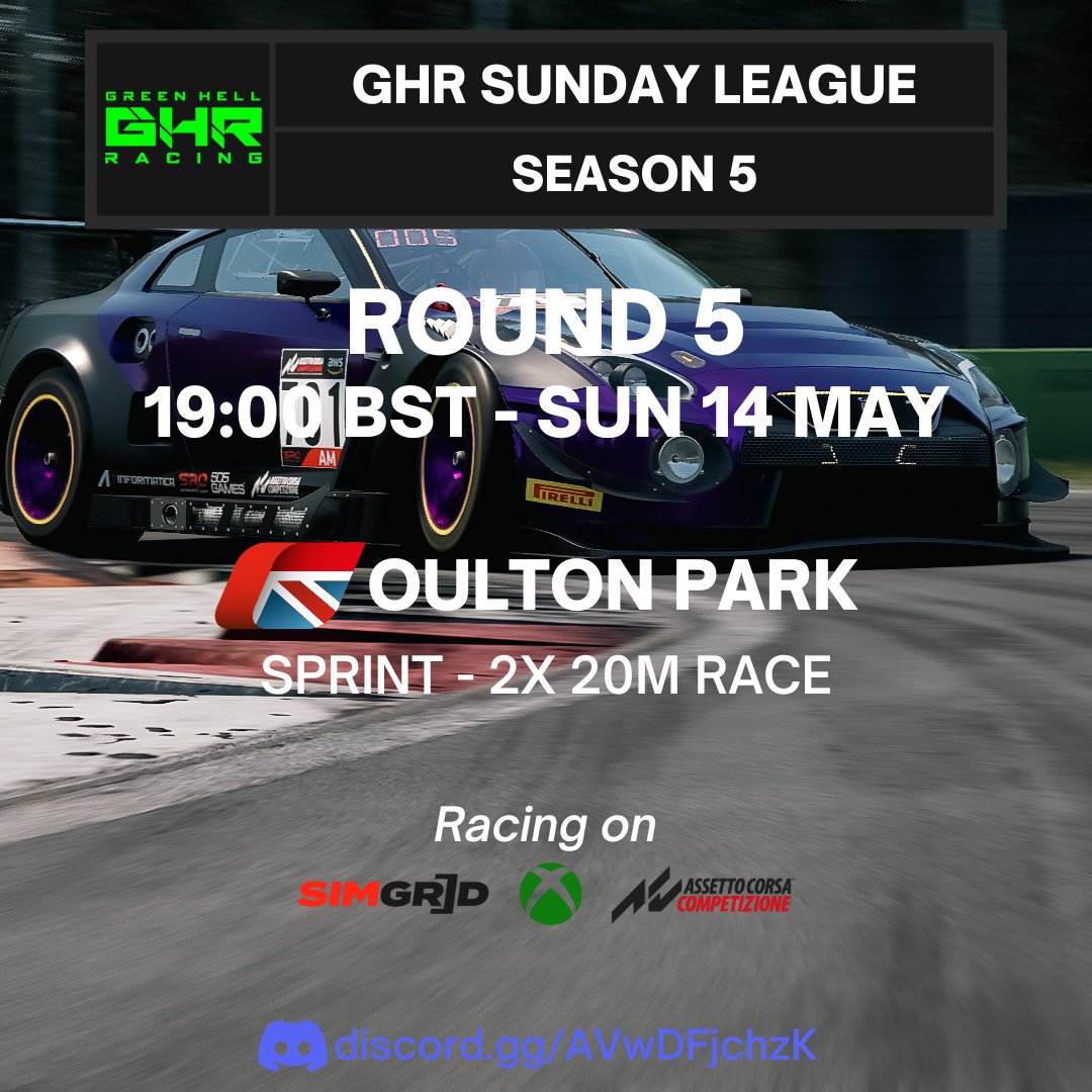 Join us for Round 5 of the Sunday League happening thisweek at 19:00 BST! We're taking on the Oulton Park track for two sprint races lasting 20 minutes each.

Are you ready to push your limits? Join us now on SimGrid through our Linktree: linktr.ee/greenhellracing