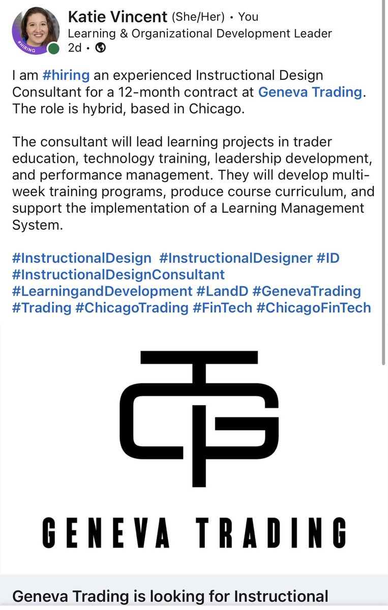 KatieRBalderas's tweet photo. I’m #hiring an Instructional Designer for a 12-month contract at @GenevaTrading ! Work with me on an awesome #HR team at a great place to work! #trading #fintech #chicagojob #hybridjob #instructionaldesigner #instructionaldesignjob #instructionaldesign #genevatrading https://t.co/LwKEedEJy9