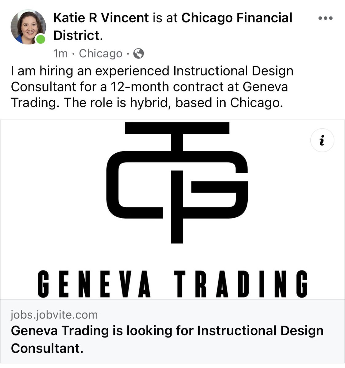 I’m #hiring an Instructional Designer for a 12-month contract at @GenevaTrading ! Work with me on an awesome #HR team at a great place to work! #trading #fintech #chicagojob #hybridjob #instructionaldesigner #instructionaldesignjob #instructionaldesign #genevatrading