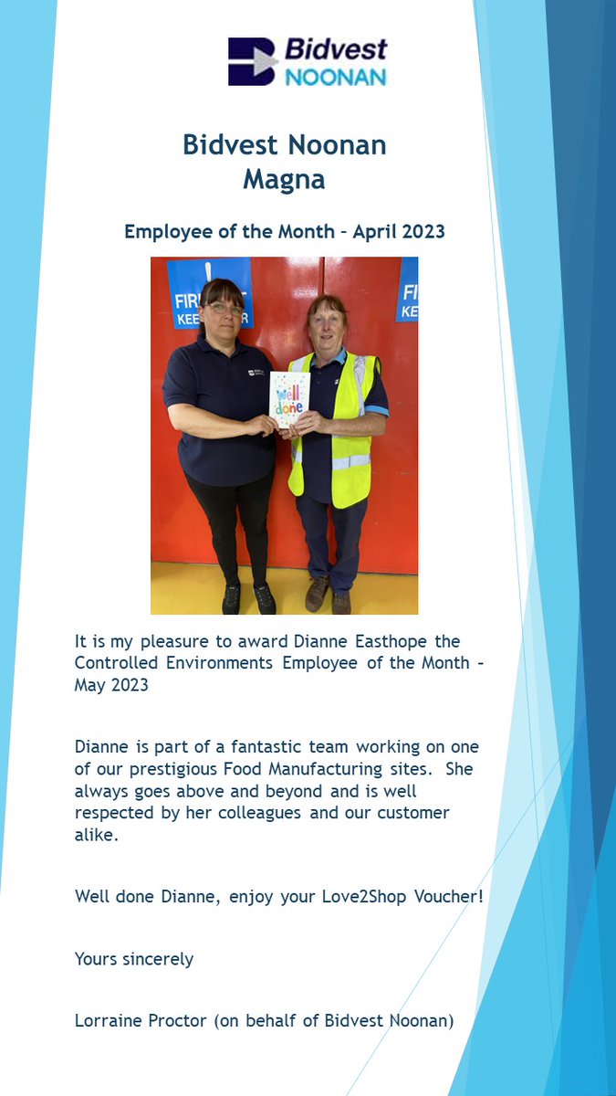 lmfricker's tweet image. Well done Dianne - Employee of the month @bidvestnoonan #Manufacturing #controlledenvironments #rewardandrecognition