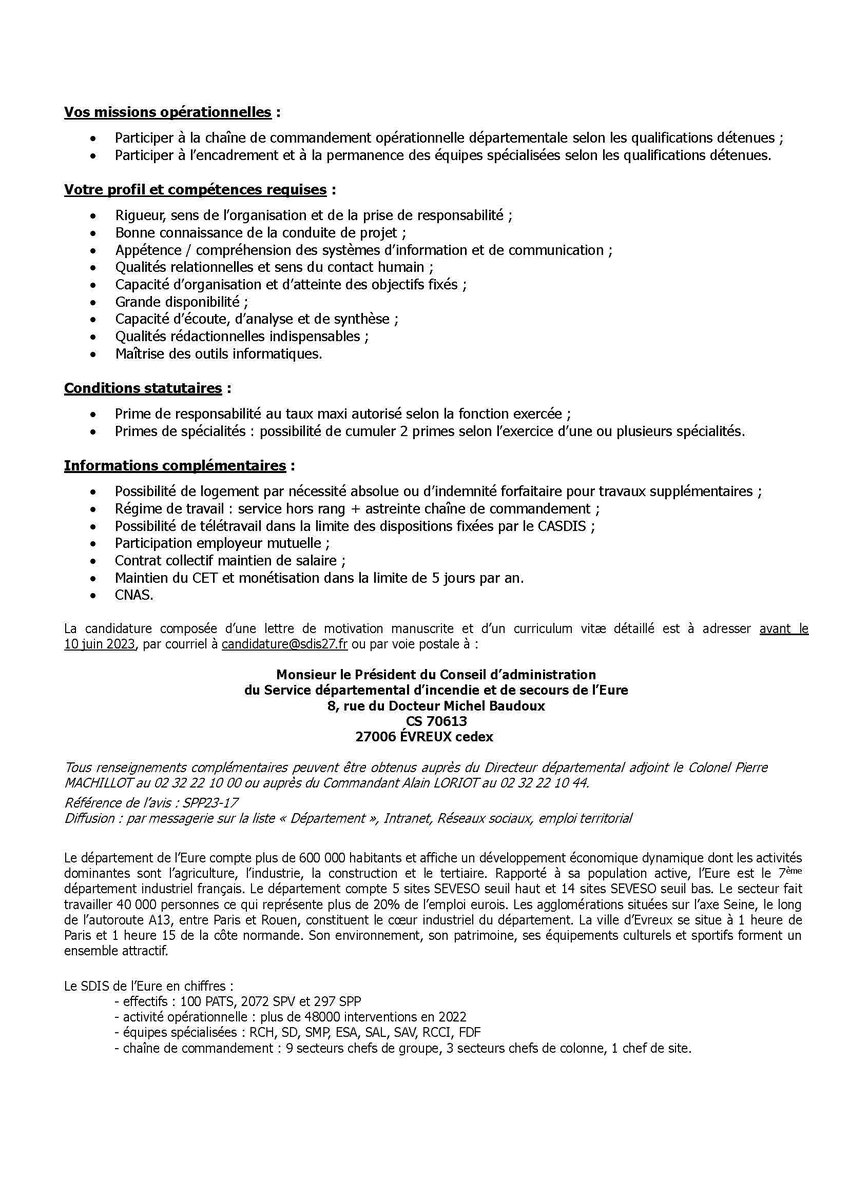 #recrutement Rejoignez-nous !  on cherche 1 chef de projet pour la cellule Projet Plateforme 15/18/112 du cadre d’emplois des Capitaine, commandant ou lieutenant-colonel de #SPP par voie de mutation interne ou externe, ou détachement
👉candidature@sdis27.fr