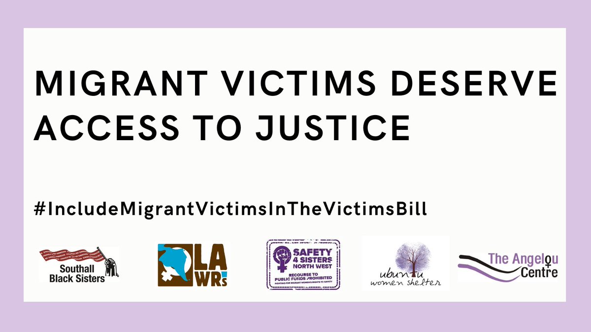 All victims of crime deserve protection.

This is why we join <a href="/lawrsuk/">Latin American Women's Rights Service - LAWRS</a>, <a href="/SBSisters/">Southall Black Sisters</a>, <a href="/Safety4Sisters/">Safety4Sisters</a>, <a href="/UbuntuGlasgow/">Ubuntu Women Shelter</a>, &amp; <a href="/AngelouCentre1/">AngelouCentre</a>'s campaign calling for the Victims and Prisoners Bill to include protection for migrant victims as part of this legislation.