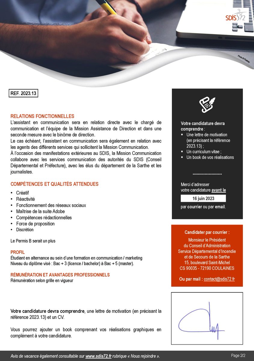 SDIS_72's tweet photo. [#Recrutement]

Le #SDIS72 recrute : 
➡ Étudiant en #Licence ou #Master 
 🎖️Cadre d'emplois : Assistant Com en #alternance 
🏢Affectation : Mission Communication
📅Candidatures jusqu'au 16/06/2023 (réf 2023.13) 

https://t.co/TJQcaMtSDb https://t.co/98CUUyBmGh