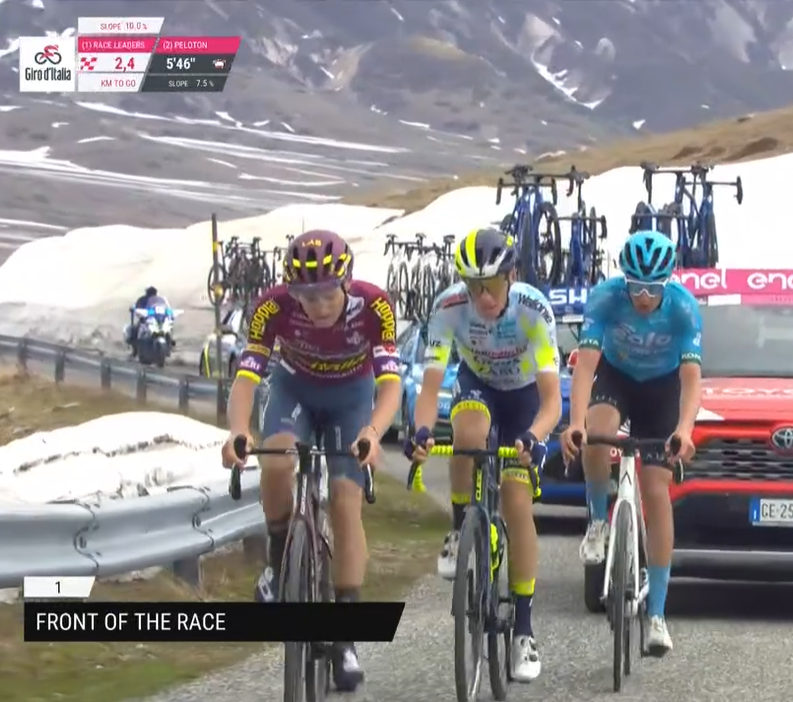 JPHHenneton's tweet photo. #cyclisme 🚴♂️ Tour d’Italie 🇮🇹 Étape 7⃣
Davide #Bais, Henok #Mulubrhan, Simone #Petilli et Karel #Vacek, revenu, ont 5,46" sur le peloton
🏁 2,4 km
#Giro #Giro2023 https://t.co/BdUvbkyY7q