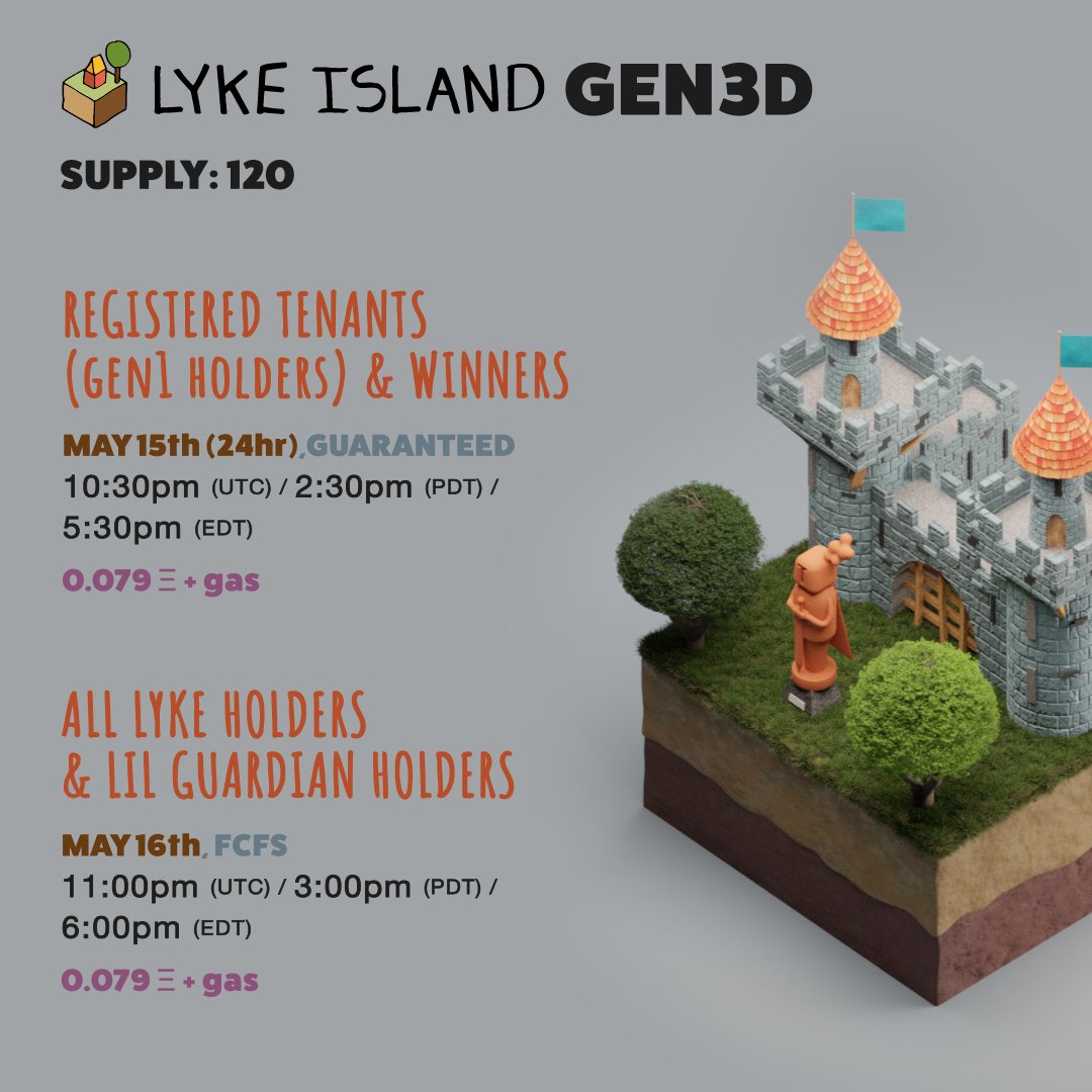 🏝️ Lyke Island GEN3D Mint 🏝️

Mint: May 15ᵗʰ
Supply: 120
Price: 0.079 Ξ
