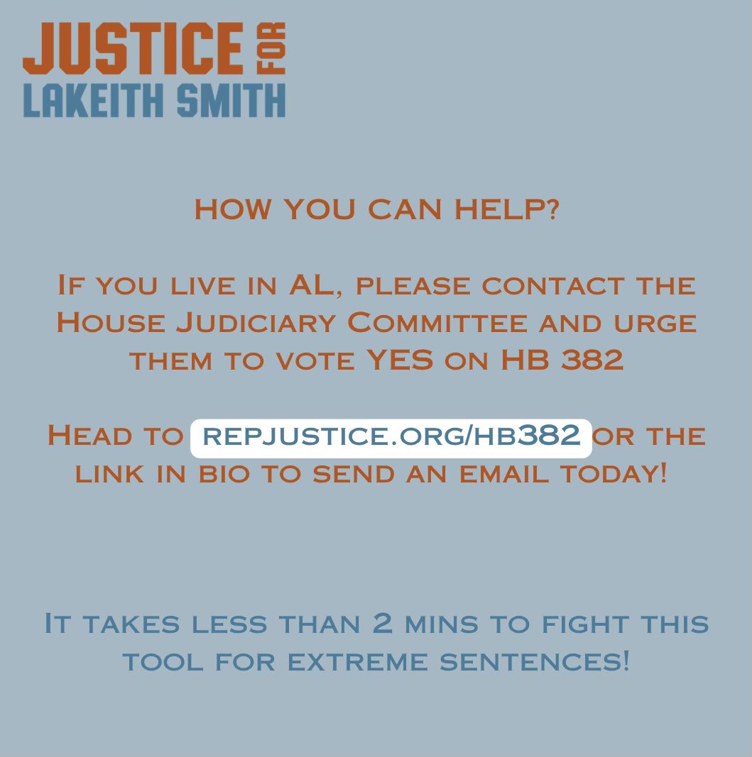 WE HAVE A HEARING DATE MAY 17th, AND IF YOU ARE IN ALABAMA, YOU CAN HELP!

Send an email to the Judiciary Committee asking them to vote "YES" on HB 382! p2a.co/SqbAGEc

This legislation would make it impossible for LaKeith to be sentenced for the murder he didn't commit