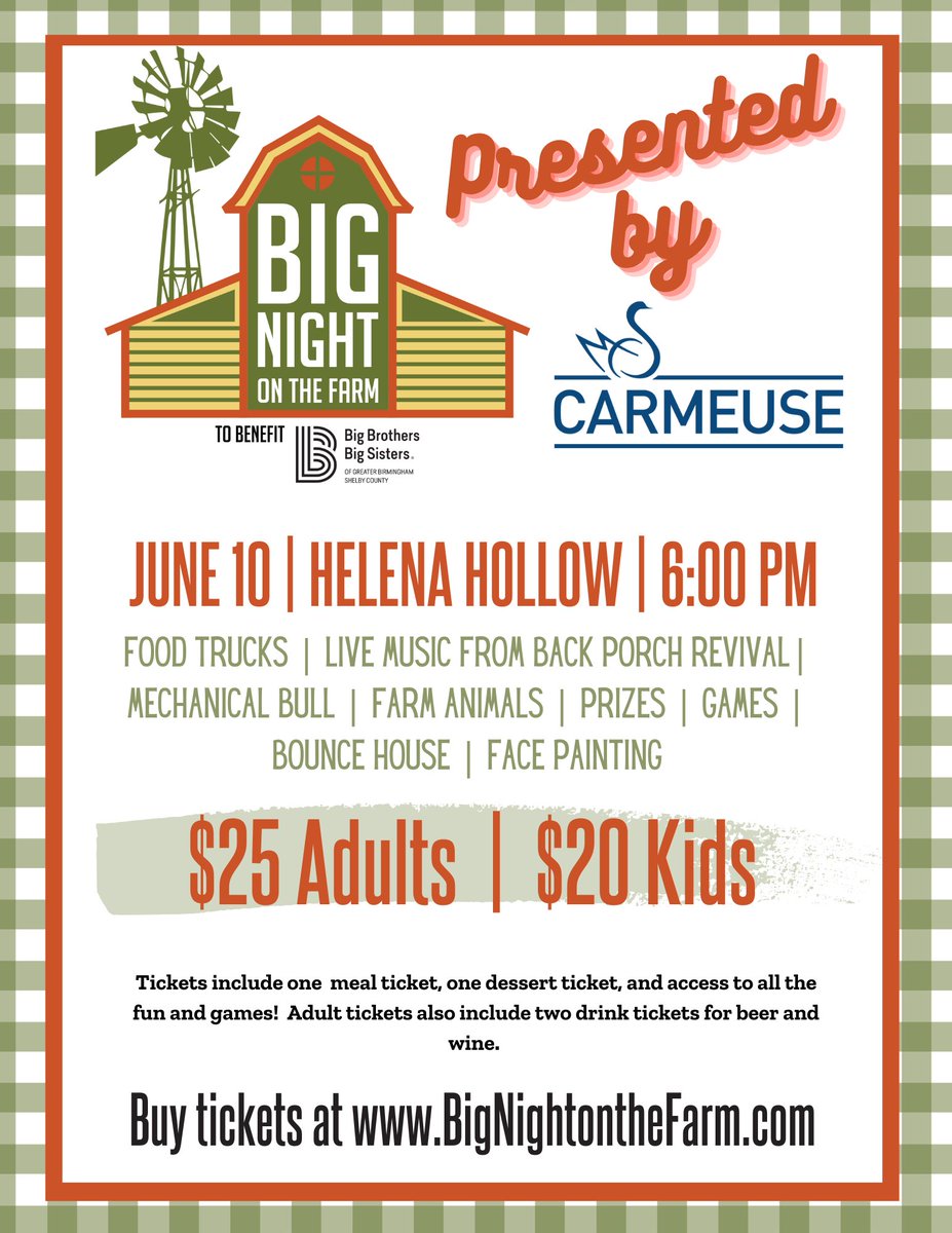 🎉It's time for BIG NIGHT ON THE FARM! You don't want to miss this fun event! This event will include live music from Back Porch Revival, food trucks🍔, a petting farm🐐, raffle packages 🎟️, a mechanical bull, and more! 💚🖤 Register today at bignightonthefarm.com