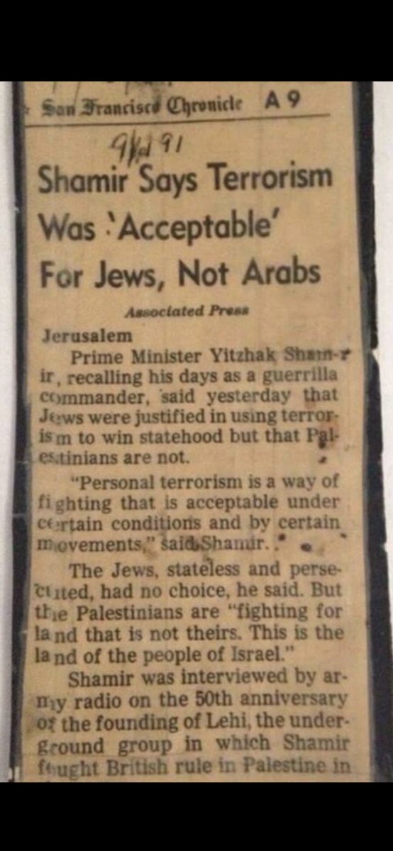 OlivesStones's tweet photo. @Campb37345Maree Terrorism has been standard operating procedure since before the state was spawned. 

Jewish terrorist organization, Lehi group, a/k/a Stern Gang, a spin-off of the Irgun, was co-founded by Shamir in 1940. https://t.co/fpbQIkoGJo