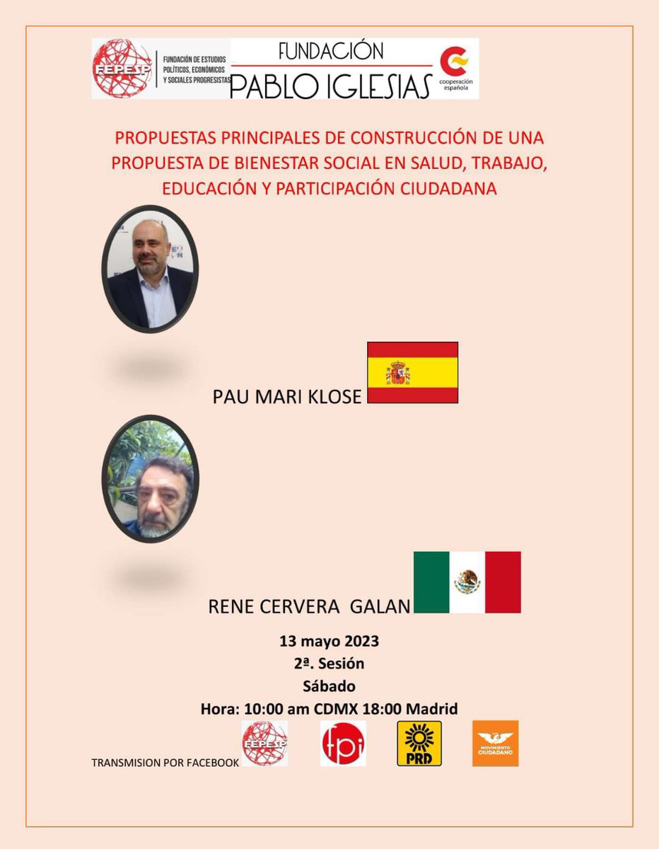 fepesp_org's tweet photo. 🗓️ #13May23
🕙 10:00 🇲🇽
🕔 18:00 🇪🇦
Curso en Línea
"ABC de propuestas programáticas socialdemocratas"
2a. Sesion
#Convocan @fpabloiglesias y #Fepesp
#Invitan
#PRD #MovimientoCiudadano
Trasmisión por Facebook
Checa tu uso horario https://t.co/0XdvmOmOAf