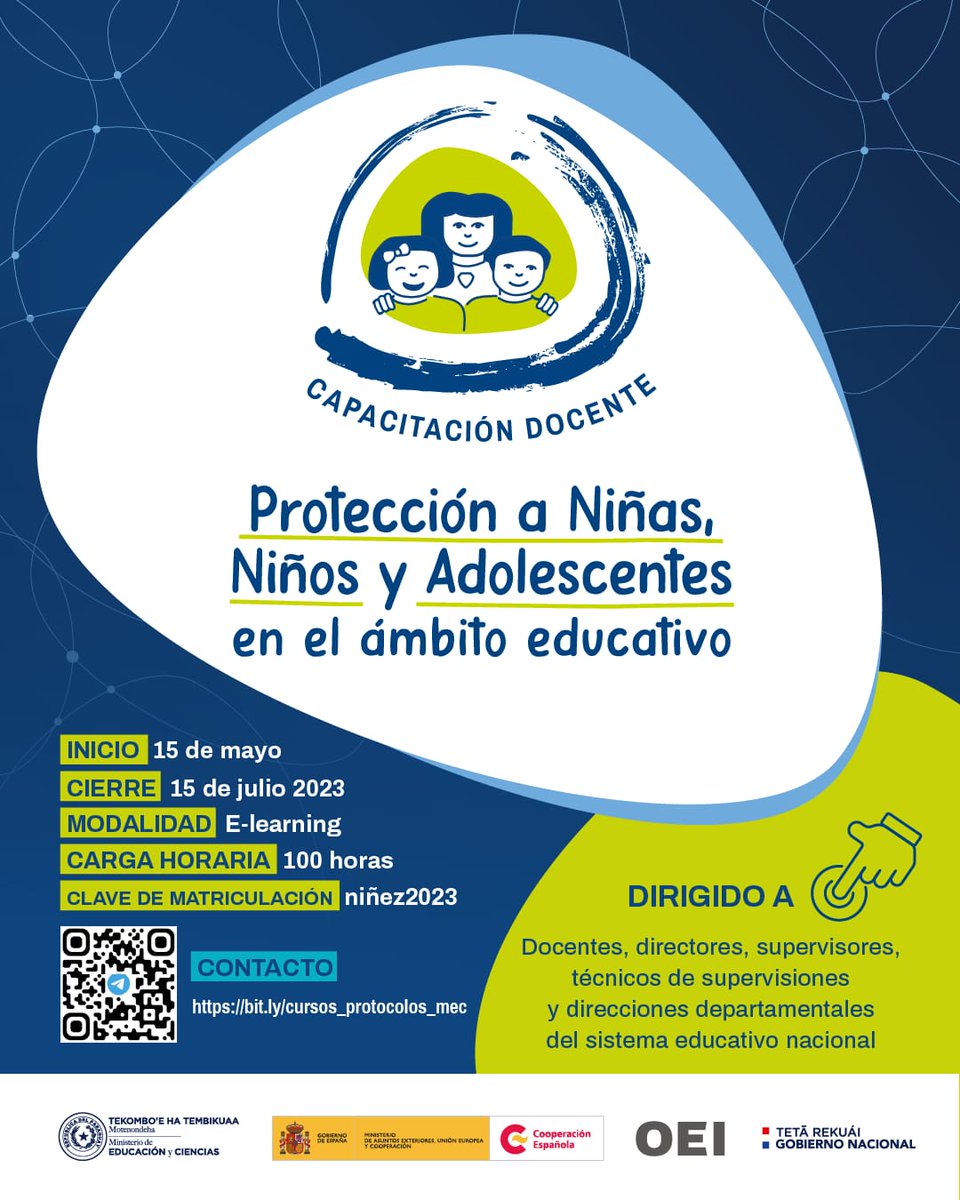 👩🏻‍💻🧑🏻‍💻Desde este lunes 15 de mayo  damos inicio al curso de capacitación docente en la modalidad E-learning, con una carga horaria de 100 horas.

✍🏻 Curso denominado "Protección a niños, niñas y adolescentes en el ámbito educativo".