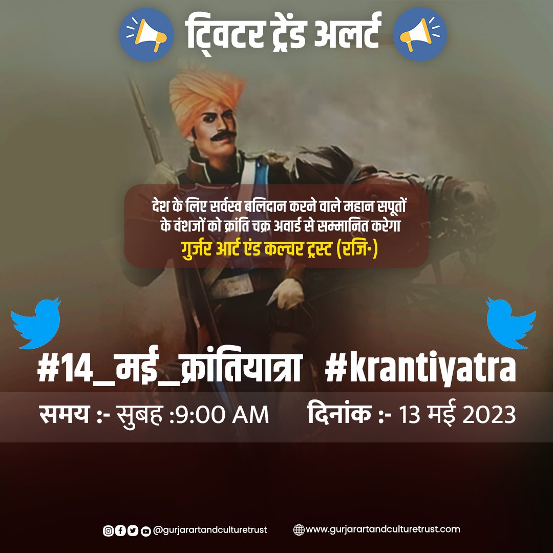 10 मई 1857 को सुलगी क्रांति की चिंगारी को दावानल बनाकर अपना सर्वस्व न्यौछावर करने वाले शूरवीरॉ के वंशजों का सम्मान समारोह मे 14 मई जवाहरलाल नेहरू स्टेडियम दिल्ली पहुंचे -
सभी कल ज्यादा से ज्यादा ट्वीट कर  शहीदों के सम्मान में आहुति दें 
#14_मई_क्रांति_यात्रा
#krantiyatra