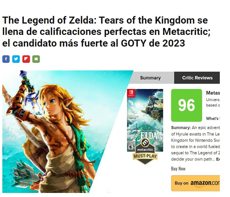 The Legend of Zelda: Tears of the Kingdom se llena de calificaciones  perfectas en Metacritic; el candidato más fuerte al GOTY de 2023